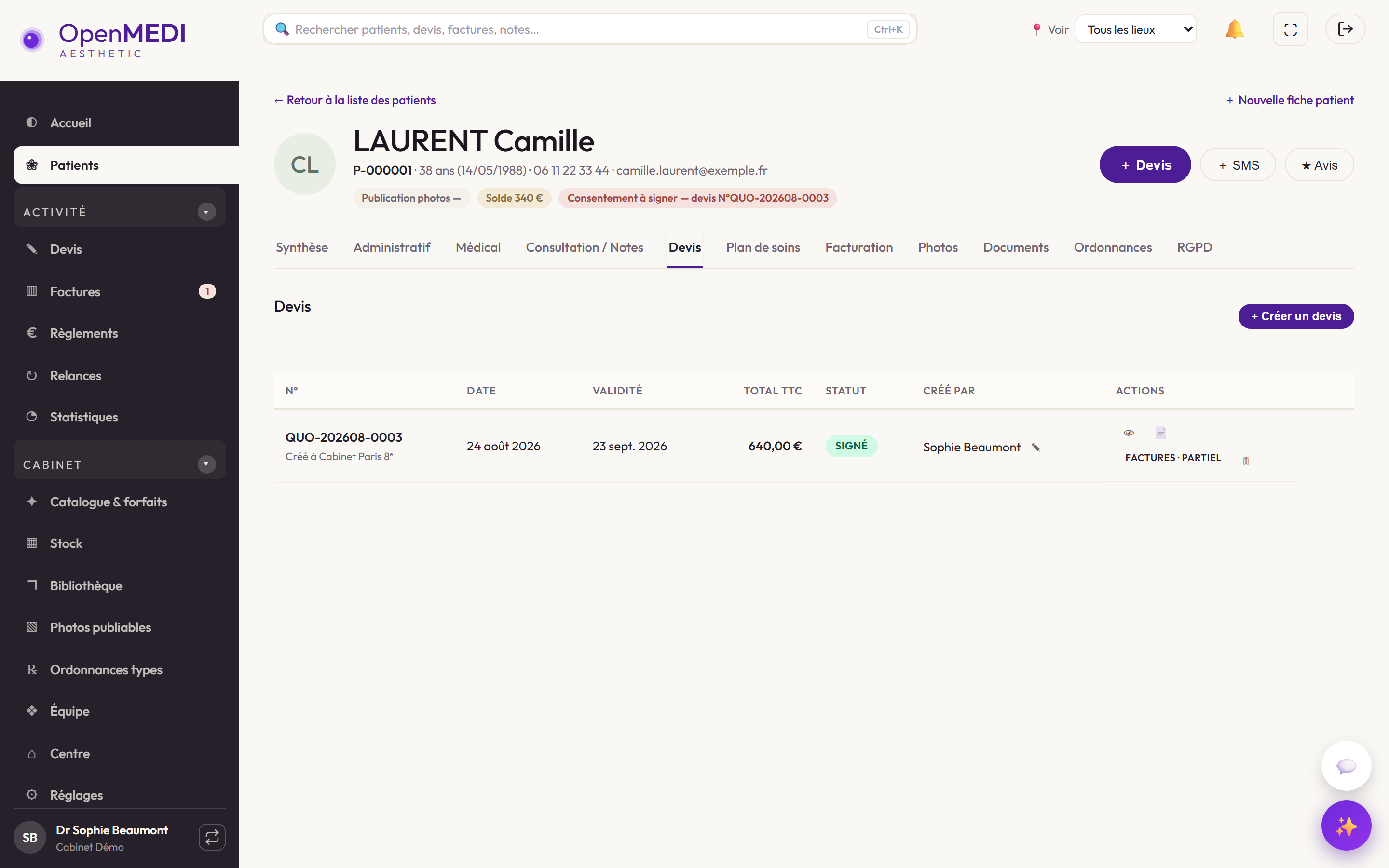 Liste des devis d'un patient avec statut et actions